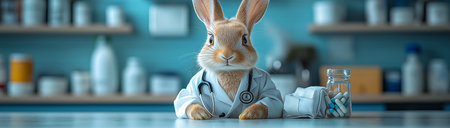 A rabbit in a doctor's coat with a stethoscope, created with Generative AI technology.の素材