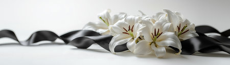Funeral, grief, white lily with black ribbon, created with Generative AI technology.の素材