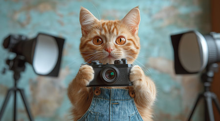 A cat with a camera in its paws, created with Generative AI technology.の素材