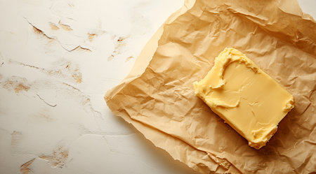 Butter, a piece of butter on parchment, created with Generative AI technology.の素材
