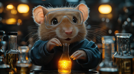 Mouse in glasses with chemical test tubes, created with Generative AI technology.の素材