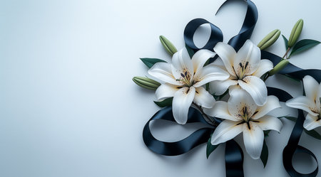 Funeral, grief, white lily with black ribbon, created with Generative AI technology.の素材
