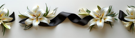 Funeral, grief, white lily with black ribbon, created with Generative AI technology.の素材