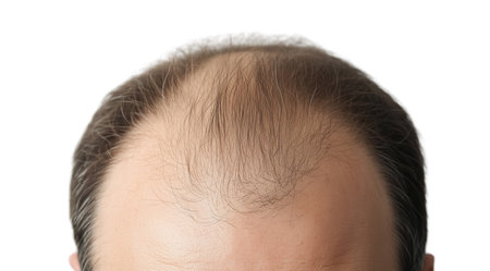 PNG, Hair loss concept, man's head with problem areas of baldness, isolated on white background, generated by Generative AI technology.の素材