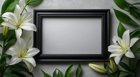 Funeral, grief, black frame with flowers, created with Generative AI technology.の素材