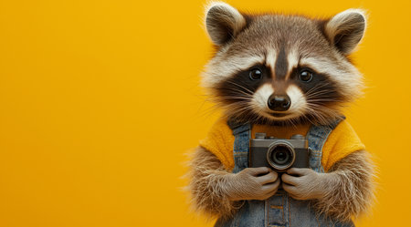 A raccoon with a camera in its paws, created with Generative AI technology.の素材