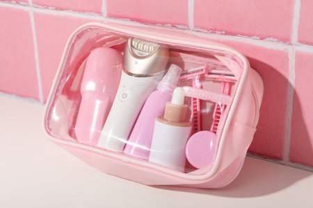 Accessories for depilation in pink cosmetic bags