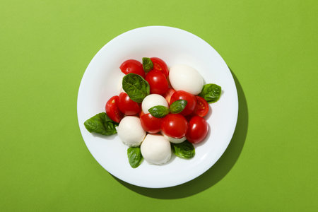 Caprese salad in a white bowl on a green background
