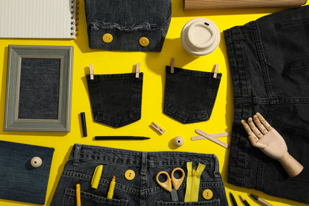 Tools and materials for upcycling on yellow background, top viewの写真素材