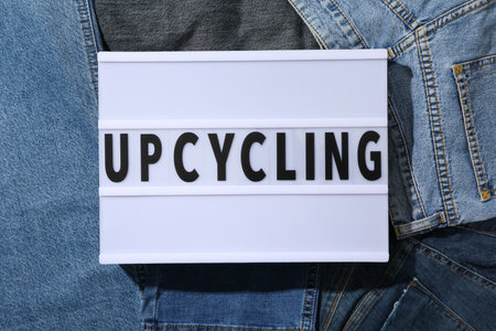 Light box with text on denim clothes, top viewの写真素材