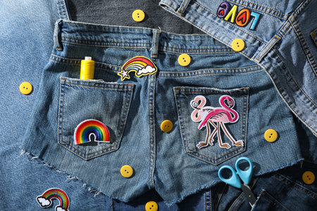 Denim clothing and decorative accessories, top viewの写真素材