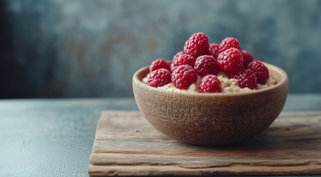Oatmeal with raspberries and in a wooden bowl on a wooden board on a blue background with space for text, created with Generative AI technologyの素材