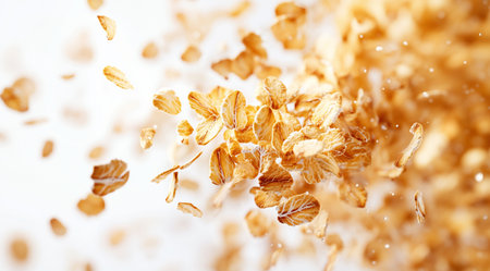 Falling oatmeal flakes on a light background, created with Generative AI technologyの素材