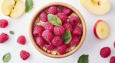 Oatmeal with raspberries in a wooden bowl and fruits on a white background top view, created with Generative AI technologyの素材