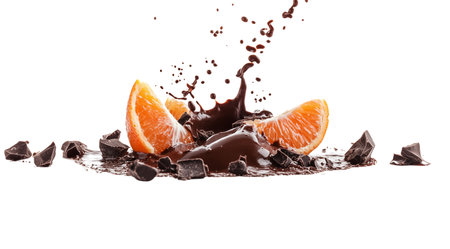 PNG, Splash milk and fruit, fruit in chocolate, isolated on white background, generated by Generative AI technology.の素材