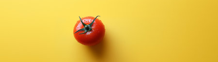 Wet red tomato on a yellow background with space for text, created with Generative AI technologyの素材