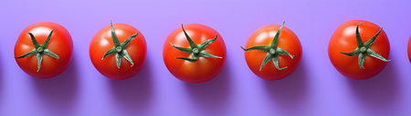 Red tomatoes in a row on a lilic background top view, created with Generative AI technologyの素材