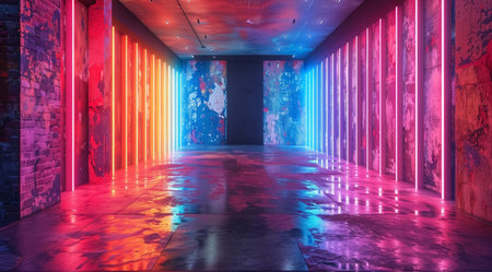 Corridor with neon vertical multi-colored lamps, created with Generative AI technologyの素材