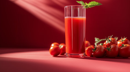 Glass of tomato juice and tomatoes nearby on a red background with space for text, created with Generative AI technologyの素材