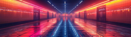 Subway tunnel illuminated with neon lamps, created with Generative AI technologyの素材