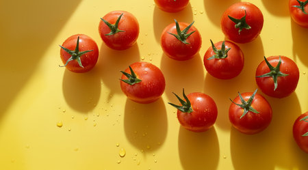 Red tomatoes on a yellow background with space for text, created with Generative AI technologyの素材