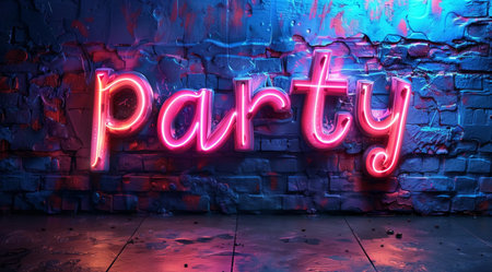 Neon sign Party on brick wall, created with Generative AI technologyの素材