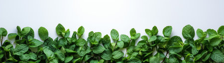 Mint branches in a row on a white background with space for text, created with Generative AI technologyの素材