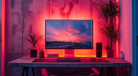 Desktop with computer with neon lighting, created with Generative AI technologyの素材