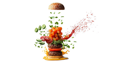 PNG, Burger ingredients, burger, isolated on white background, created and generated by AI technology.の素材