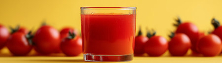 Glass with tomato juice and tomatoes on a yellow background with space for text, created with Generative AI technologyの素材