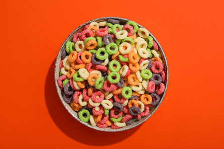 Colorful cornflakes, concept of tasty breakfast, morning foodの写真素材