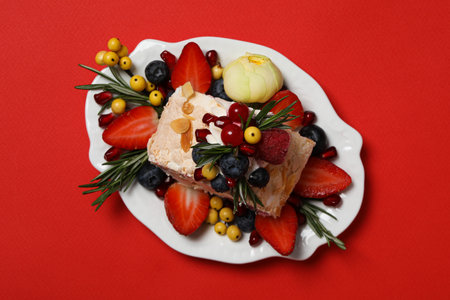 Meringue roll, concept of tasty and delicious foodの写真素材