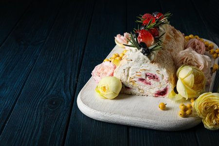 Meringue roll, concept of tasty and delicious food