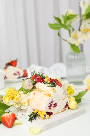 Meringue roll, concept of tasty and delicious food