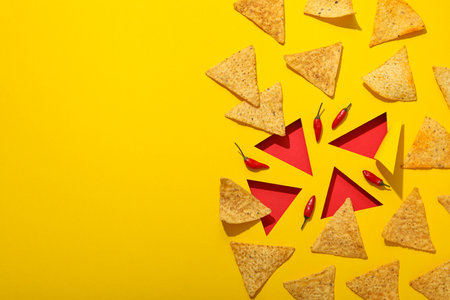 Triangular potato chips with chili pepper on a yellow background