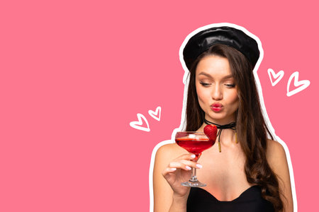 8 March, international women's day, elegant woman with a glass of cocktail in her hand on a pink background, with space for textの写真素材