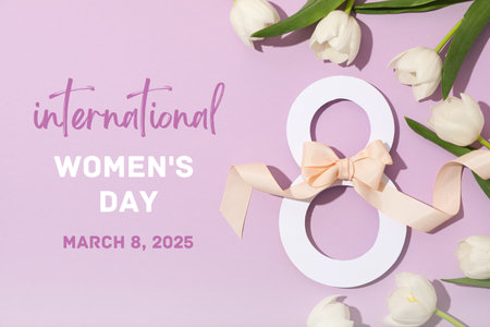 8 March, international women's day, figure eight with bow and white tulips on a lilac background, with text, top viewの写真素材