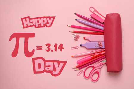 Pi day, school desk, top view, for Pi day holiday.の写真素材
