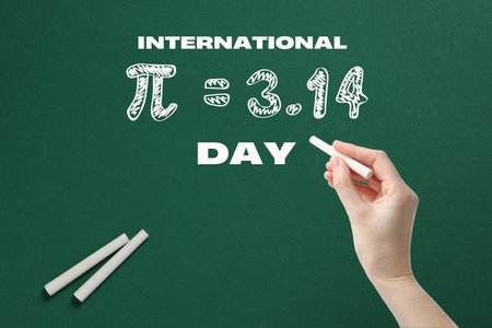 Pi day, school blackboard on green background, side view.の写真素材