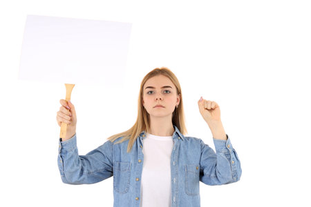 PNG, March 8. Girl with a poster, isolated on a white background.