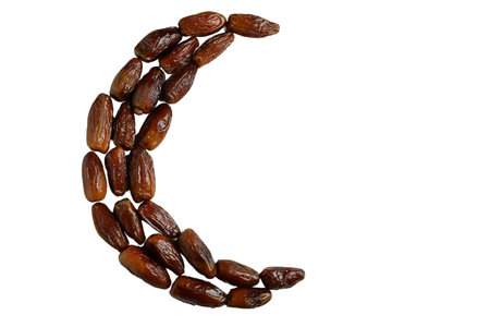 PNG, Ramadan. Dried dates arranged in the shape of a moon, isolated on a white background.