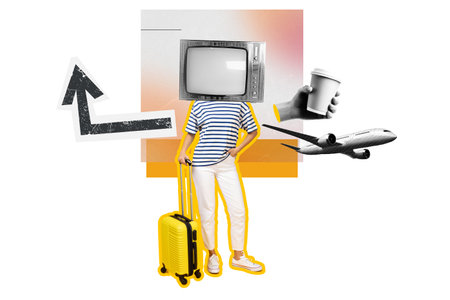 PNG, Poster Collage, girl with suitcase, travel concept, isolated on white background.