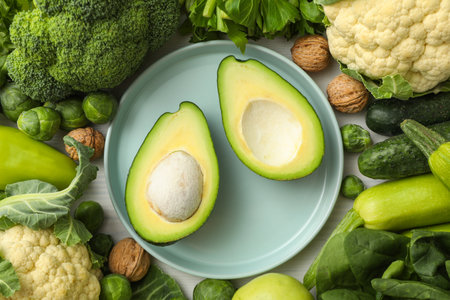 Set of protein vegetables on light background, top viewの写真素材