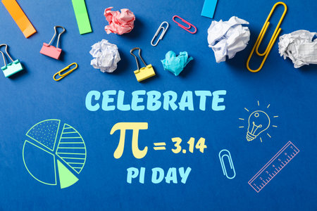 Pi day, school desk, top view, for Pi day holiday.の写真素材