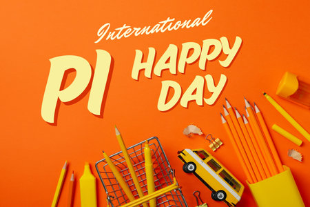 Pi day, school desk, top view, for Pi day holiday.の写真素材