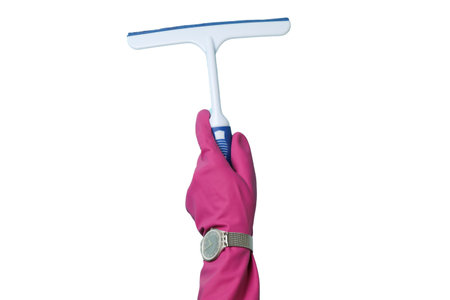 Spring cleaning, hand in rubber glove with glass cleaning device isolated on a white background, PNG