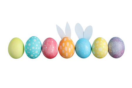 PNG, Easter, set of painted Easter eggs with rabbit ears, isolated on white backgroundの写真素材