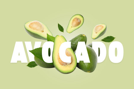 Avocados, leaves and text Avocado on light green background
