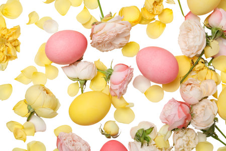 PNG, Easter, eggs and roses, isolated on white backgroundの写真素材