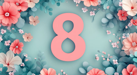 8 March, International Women's Day, figure eight and flowers on a blue background, close up, top view, created with Generative AI technologyの写真素材